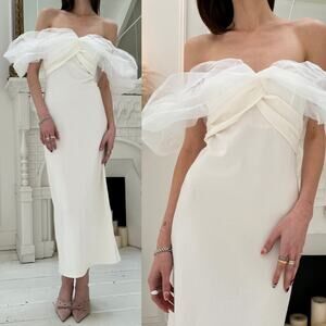 Line & Dot | Starlet Midi Sheath Dress Organza Off Shoulder Sleeves in Ivory S